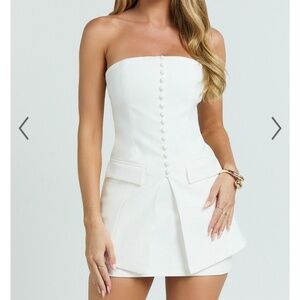 TWO PIECE SET - STRAPLESS BUTTON DOWN VEST TOP AND HIGH WAIST MINI SKIRT